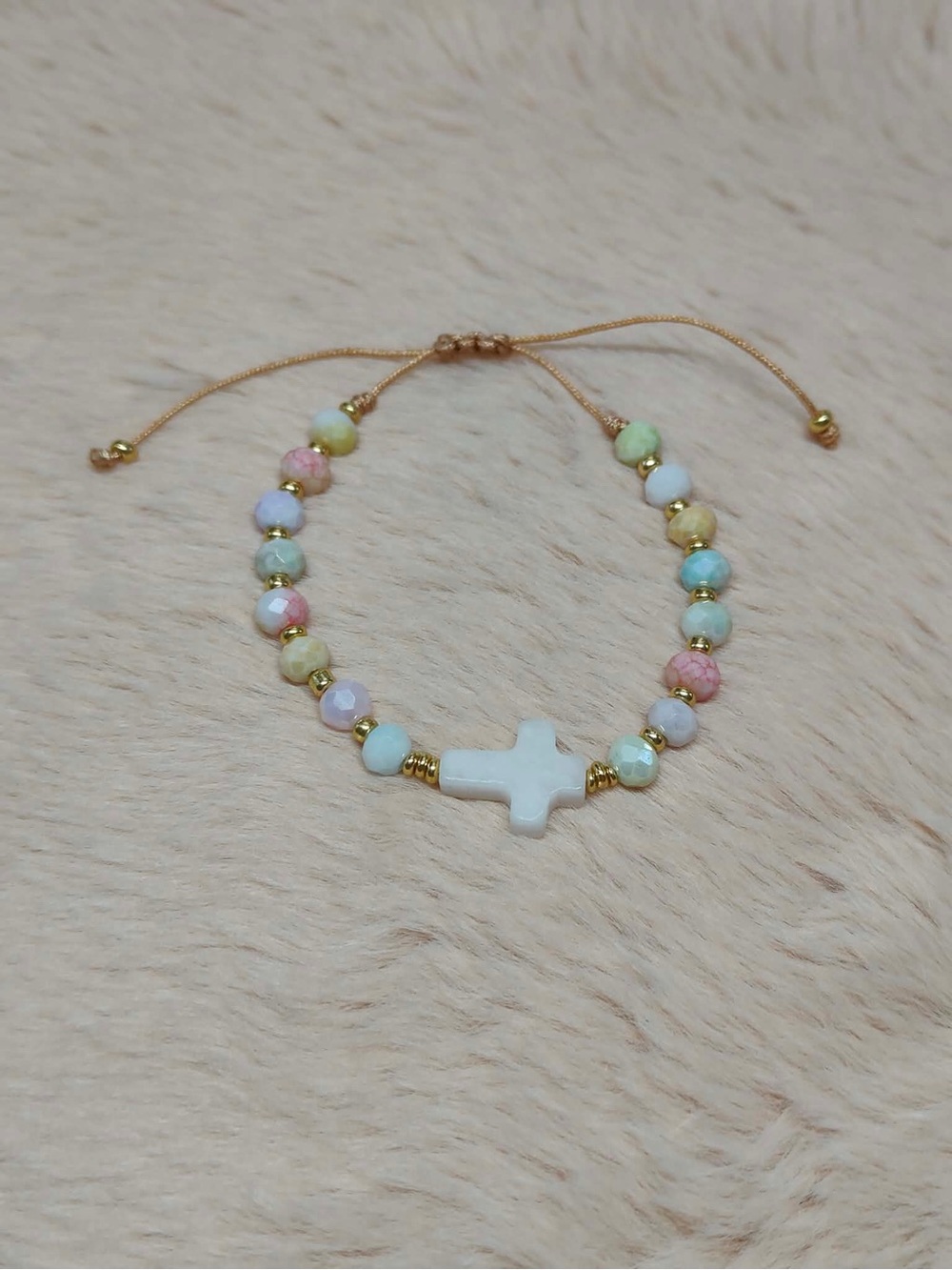Adjustable Pastel Crystal Rondelle Beaded Bracelet with Natural White StoneCross